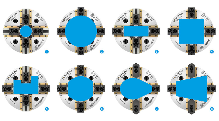 SEALED 2+2 JAW CHUCK WITH LARGE COMPENSATION STROKE ALLOWS MAXIMUM FLEXIBILITY ON MILL/TURN MACHINES